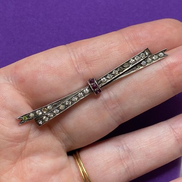 💛 Antique Sterling Red & White Crystal Brooch - Picture 2 of 6